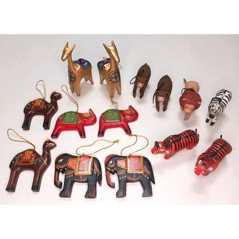 Lot Of 14 Hand Carved Wood & Paper Mache Wild Jungle Animal Christmas Ornaments